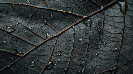 Close-up of a leaf with detailed veins and water droplets.の素材