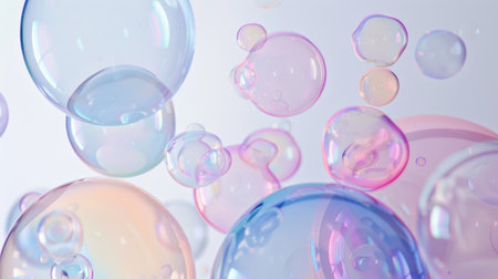 Delicate pastel bubbles floating on a white background.の素材