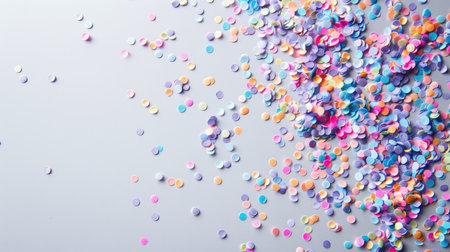 Pastel-colored confetti scattered on a light background.の素材