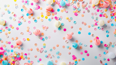 Pastel-colored confetti scattered on a light background.の素材