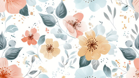 Pastel floral pattern with delicate flowers and leaves.の素材