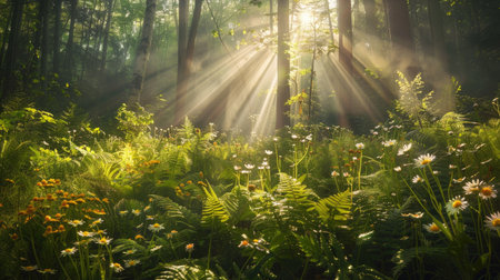 Rays of sunlight piercing through thick canopy, illuminating patches of ferns and wildflowersの素材