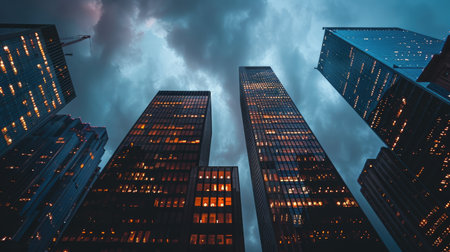 Silhouettes of city buildings towering against a dark night sky, capturing the essence of urban life.の素材