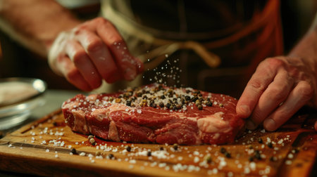 A close-up of hands seasoning a raw steak with salt and pepper on a wooden board.の素材