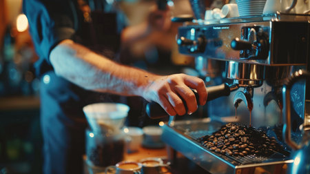 A barista grinding coffee beans and preparing an espresso shot in a modern coffee shop.の素材