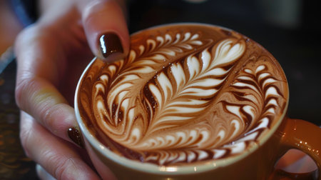 A close-up of a coffee cup with a beautiful design, held by a person with manicured nails.の素材