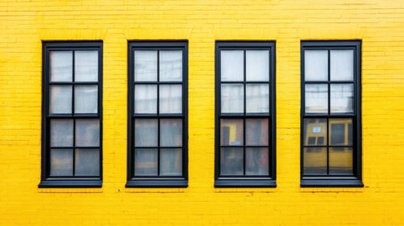 A striking image of a bright yellow wall featuring four black framed windows, perfect for showcasing architectural beauty and urban design.の素材