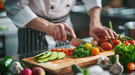 A chef chopping fresh vegetables on a wooden cutting board in a professional kitchen.の素材