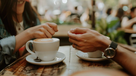A couple enjoying a coffee date, smiling and holding hands across the tableの素材