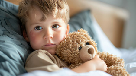 A child with a red nose and flushed cheeks, holding a teddy bear and sitting in bed.の素材
