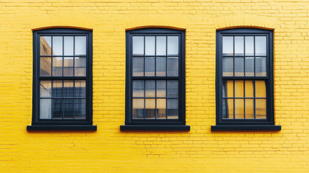 Yellow urban brick wall with black-framed windows, ideal for advertisements or text placement, bright and cleanの素材