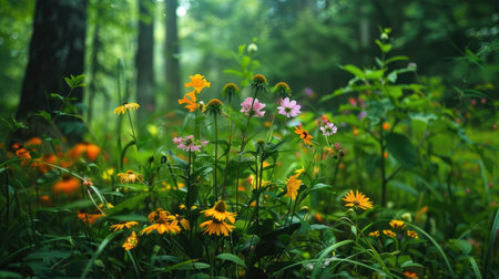 Vibrant wildflowers blooming amidst the dense foliage of a lush green forest.の素材