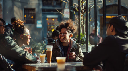 A group of friends laughing and chatting while drinking coffee at an outdoor cafeの素材