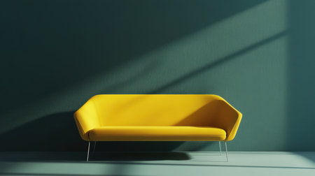 A vibrant yellow sofa is positioned against a dark green wall, showcasing minimalist design. The shadows create a striking visual contrast, ideal for modern interior decor.の素材