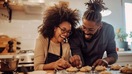 A couple baking cookies together, placing dough on a baking sheet and laughing.の素材