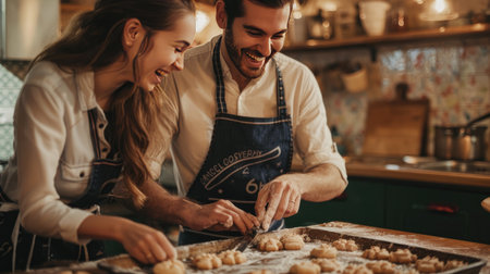 A couple baking cookies together, placing dough on a baking sheet and laughing.の素材