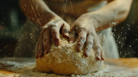 A close-up of hands kneading dough on a floured surface, ready to make bread.の素材