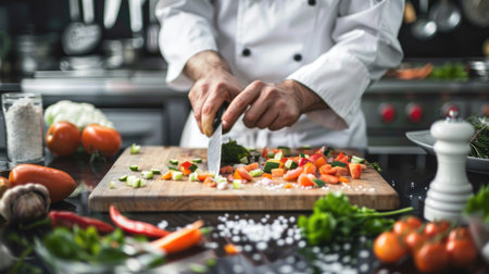 A chef chopping fresh vegetables on a wooden cutting board in a professional kitchen.の素材