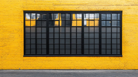 A striking image of a modern industrial window set against a vibrant yellow brick wall. The black-framed window creates a bold contrast, enhancing the visual appeal.の素材