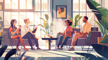 A group of co-workers having a coffee break and chatting in an office lounge.の素材