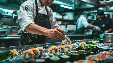 A chef preparing sushi in a restaurant kitchen, focusing on the precision and details.の素材