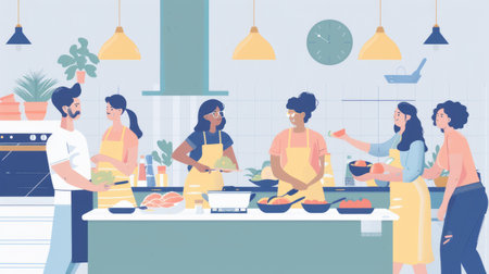 A group of friends having a cooking party, preparing various dishes together in a kitchen.の素材