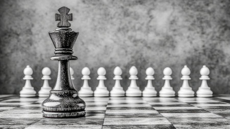 A striking close-up of a black king chess piece in front of aligned white pawns. The image captures the elegance and intensity of a chess game with dramatic lighting and a textured background.の素材