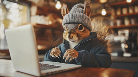 A charming squirrel wearing a cozy hat sits in a rustic cafe, intently working on a laptop. This adorable scene combines nature and technology in a whimsical way.の素材