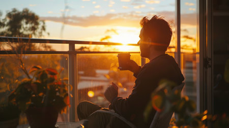 A man enjoying an early morning coffee on his balcony, with a sunrise in the background.の素材