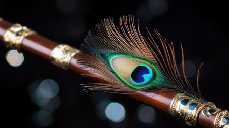 A peacock feather resting on a flute, highlighting themes of Indian spirituality and cultural devotion in an elegant compositionの素材
