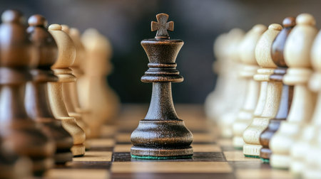 Captivating close-up of a chess king piece surrounded by wooden pawns, showcasing the essence of strategy and competition in a classic game.の素材