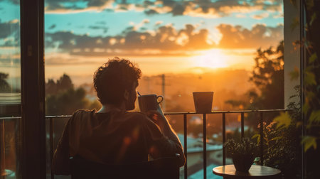 A man enjoying an early morning coffee on his balcony, with a sunrise in the background.の素材