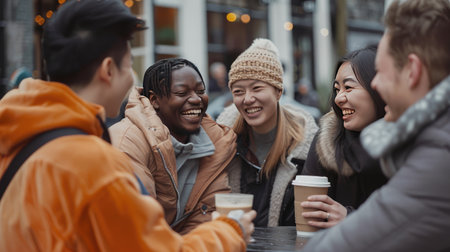 A group of friends laughing and chatting while drinking coffee at an outdoor cafeの素材