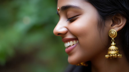 Young Indian woman with bold gold earrings, captured in a candid laugh, radiating happiness and charm.の素材