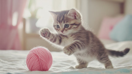 A cute kitten playfully batting at a ball of yarn, captured in a moment of joy and curiosity, bringing warmth and fun to the sceneの素材