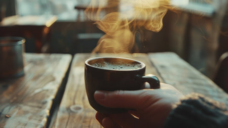 A close-up shot of a hand holding a steaming cup of black coffee with a rustic wooden table in the background.の素材