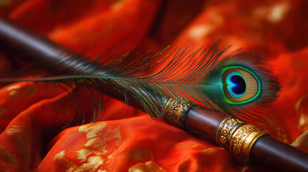 A peacock feather resting on a flute, highlighting themes of Indian spirituality and cultural devotion in an elegant compositionの素材