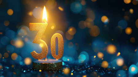 A shimmering golden candle representing a 30th birthday. Set against a dreamy bokeh background, it symbolizes joy, celebration, and memorable moments.の素材