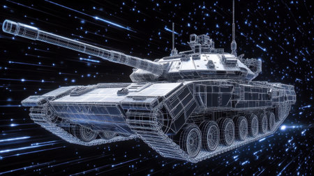 A futuristic 3D wireframe tank moving through space, demonstrating cutting-edge 3D visualization and military conceptsの素材
