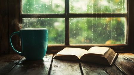A peaceful morning by the window, with a warm cup of coffee and an open book, perfect for a quiet, relaxing start to the dayの素材