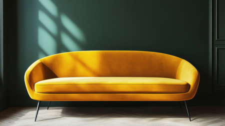 A modern yellow sofa rests elegantly against a dark green wall, creating a striking contrast in this stylish interior. Perfect for contemporary living spaces.の素材