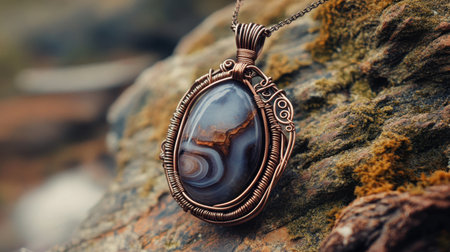 Beautiful handcrafted copper wire jewelry with intricate stone details, captured in a minimalist setting to highlight artisanal techniquesの素材