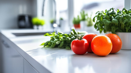 A minimalist kitchen design featuring fresh fruits and vegetables on a modern white counter, emphasizing health and simplicity in the kitchenの素材