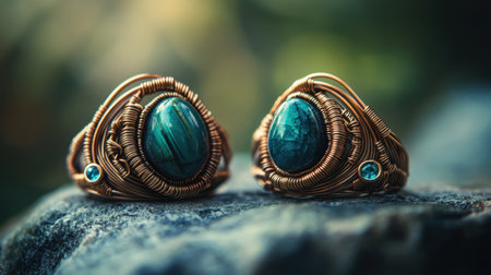 Beautiful handcrafted copper wire jewelry with intricate stone details, captured in a minimalist setting to highlight artisanal techniquesの素材