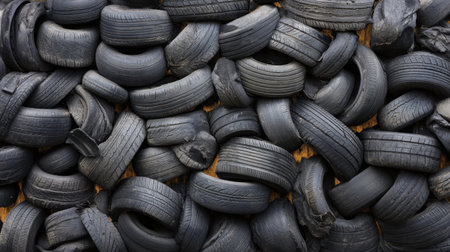 Shredded tire pieces in various shapes and sizes, arranged in a textured and dramatic pattern for environmental or industrial useの素材