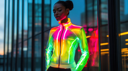 A model in a glowing LED jacket, standing in a futuristic urban setting with neon lights reflecting on glass buildings.の素材
