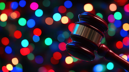 This image features a gavel against a vibrant, colorful bokeh background, symbolizing law and justice. It captures the essence of legal proceedings and authority.の素材