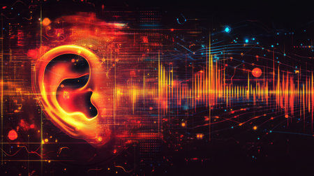 Abstract graphic of a human ear surrounded by soundwave patterns, highlighting the science of hearing and modern solutionsの素材
