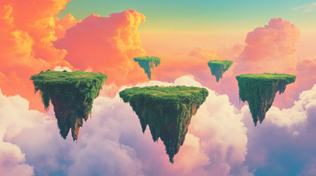 A serene and surreal dreamscape featuring floating islands with lush greenery, set against a surreal sky with dreamy clouds and vibrant huesの素材