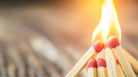 Close-up of a stack of wooden matches with one aflame, symbolizing leadership, individuality, and inspiration in a minimalist styleの素材